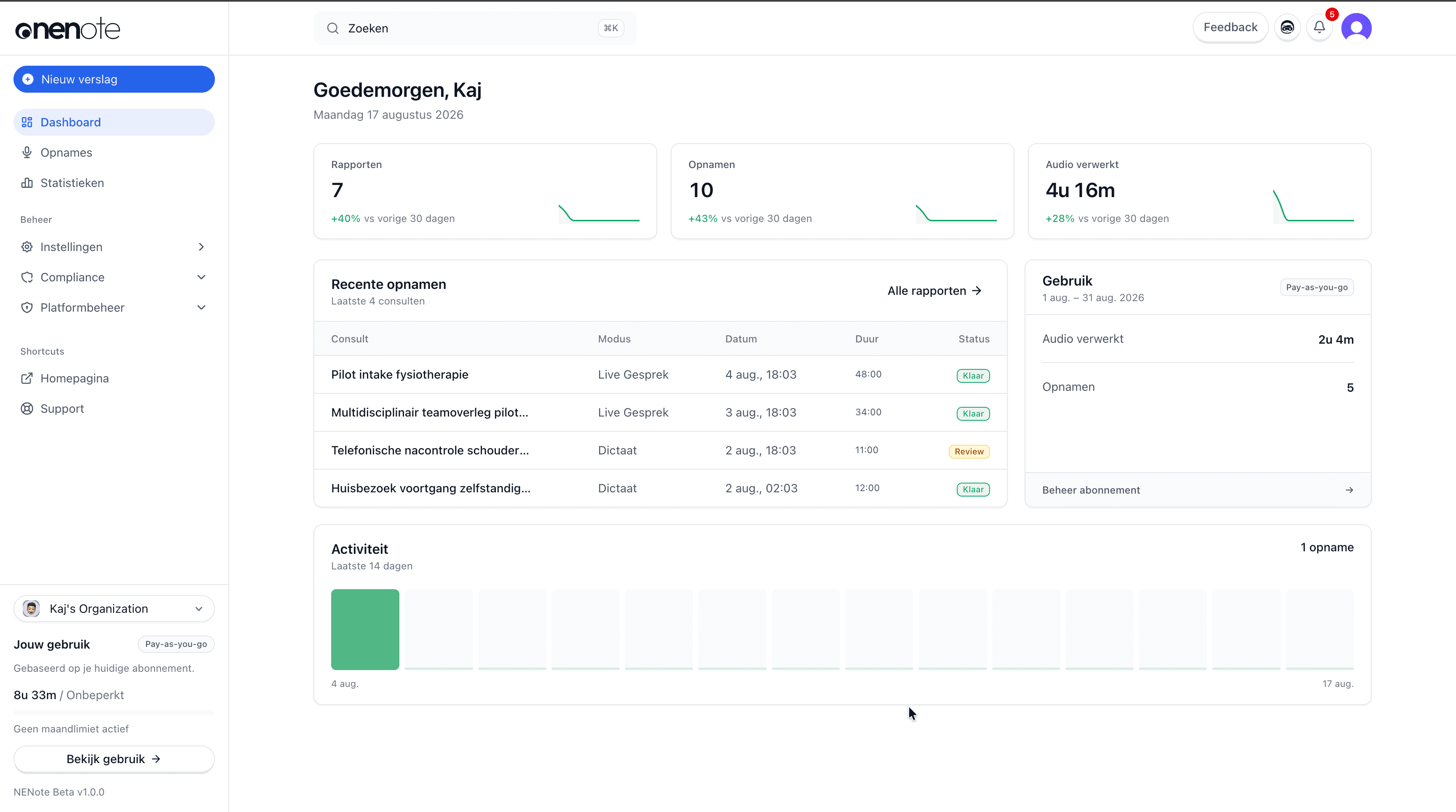NENote dashboard